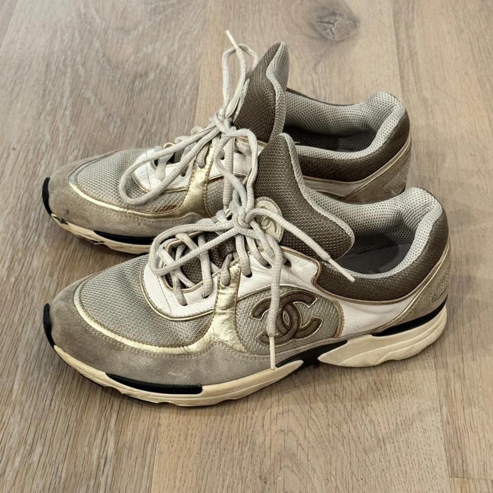 CHANEL Gray and White CC Logo Chunky Athletic Sneakers